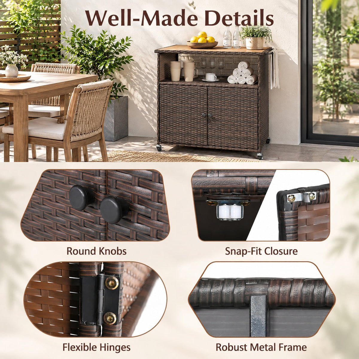 Airfind Outdoor Storage Cabinet with Acacia Wood Top and Lockable Wheels, 180 lbs Capacity, PE Rattan Acacia Wood Metal Frame, Brown