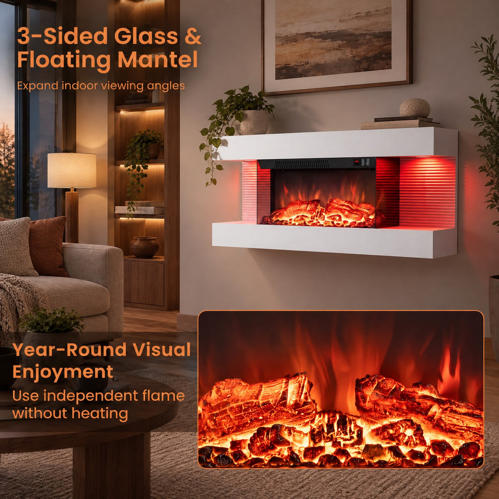 Airfind 3-Sided White Wall Mount Electric WiFi Fireplace with Floating Mantel and 12 Flame Ambient Colors-32 inch, Metal Tempered Glass Frame, White