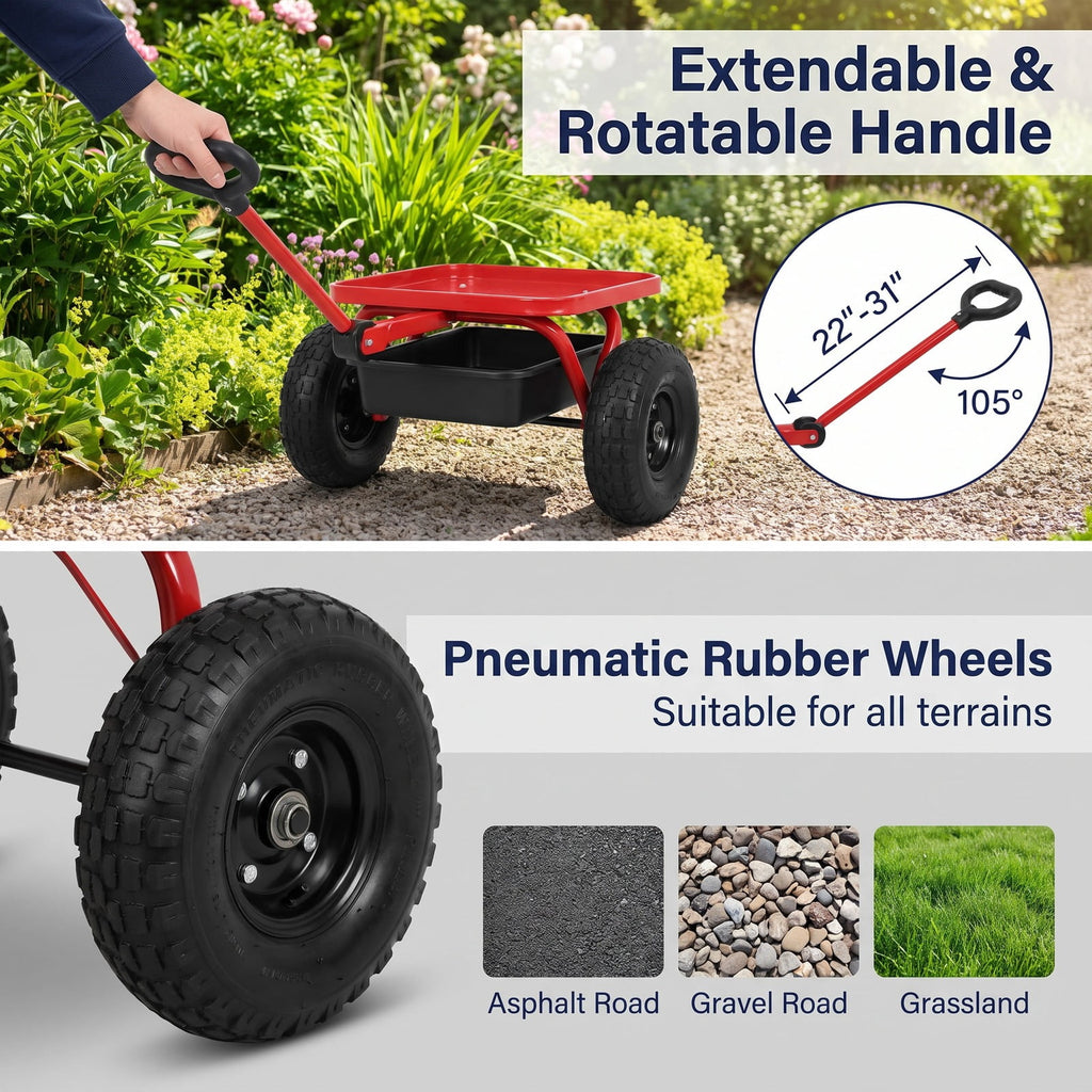Airfind Heavy Duty Garden Cart with Tool Tray and 360 Swivel Seat, 330 lbs Capacity, Steel Rubber Plastic Frame, 38 x 17 x Footprint, Red