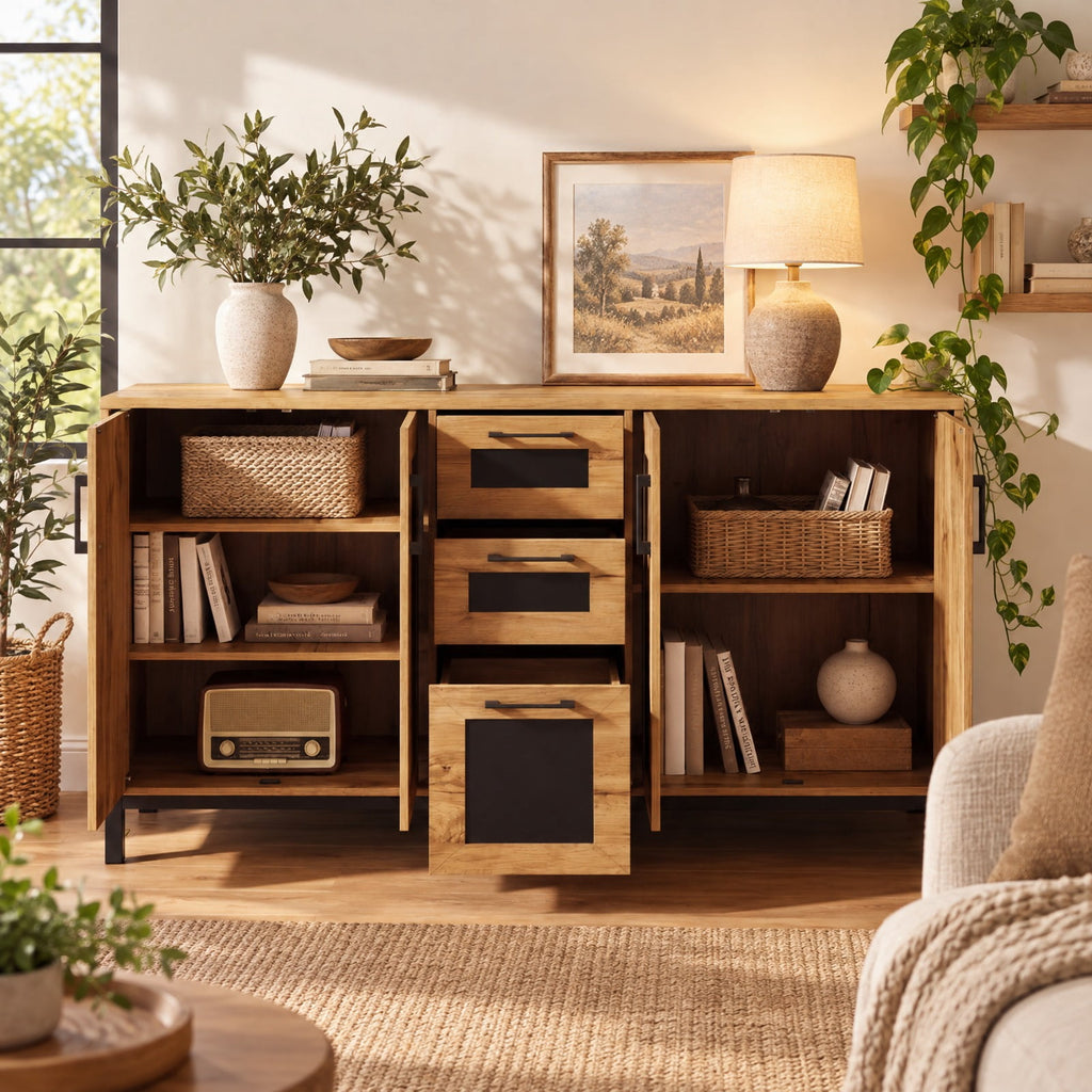 Airfind 63 Inch Sideboard Buffet Cabinet with 3 Drawers and Storage Shelves, 135 lbs Capacity, Engineered Wood Frame, 63 Inch x 16 Inch x 37.5 Inch Footprint
