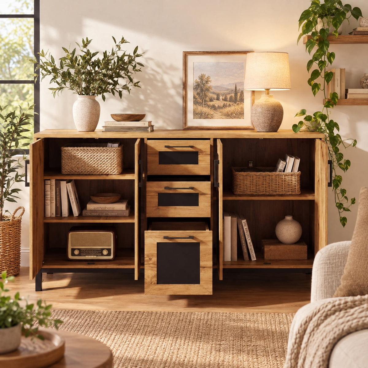Airfind 63 Inch Sideboard Buffet Cabinet with 3 Drawers and Storage Shelves, 135 lbs Capacity, Engineered Wood Frame, 63 Inch x 16 Inch x 37.5 Inch Footprint