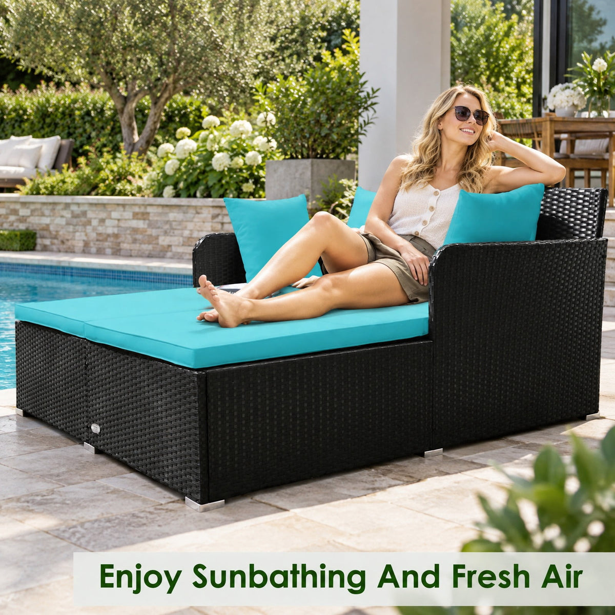 Airfind Spacious Outdoor Rattan Daybed with Upholstered Cushions and Pillows, 800 lbs Capacity, Rattan Steel Sponge Frame, Turquoise