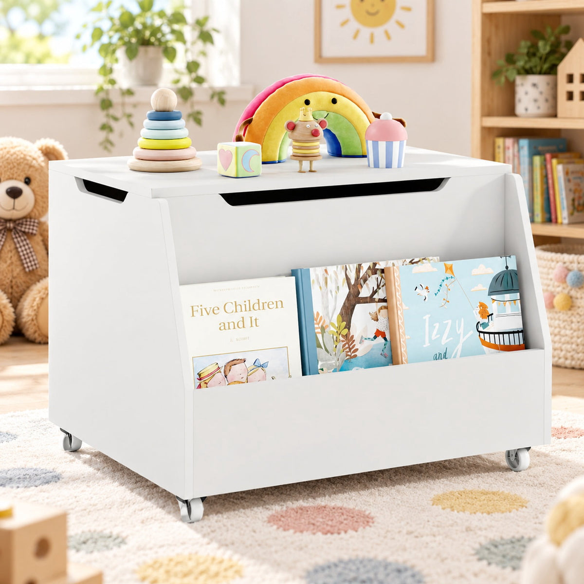 Airfind Wooden Mobile Toy Storage Organizer with Bookshelf and Lockable Wheels, 110 lbs Capacity, MDF PP Frame, 24in x 19in x 18in Footprint, White