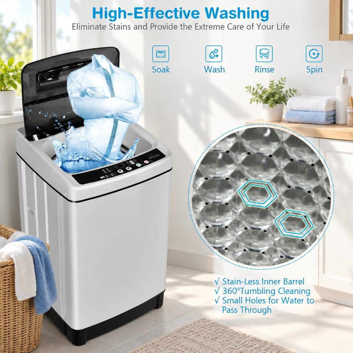 Airfind Full-Automatic Washing Machine 1.5 Cubic Feet 11 LBS Washer and Dryer, Stainless steel PP ABS Frame, 19 x 19 x 33.5 Footprint, Gray