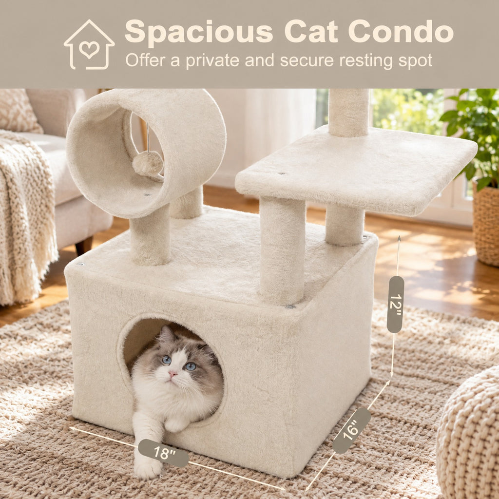 Airfind 48 Inches Tall Cat Tree Multi-Level Kitten Tower with Large Condo Padded Top Perch, Engineered Board Plush Sponge Jute Frame, Beige