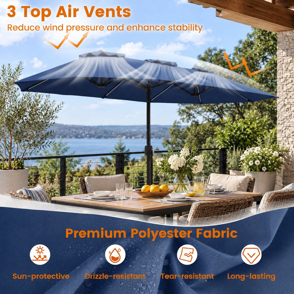 Airfind 13 FT Double-Sided Patio Umbrella with Color-Changing Flowing Solar LED Lights, Polyester Fabric Metal Frame, 13 x 7 ft Footprint, Navy