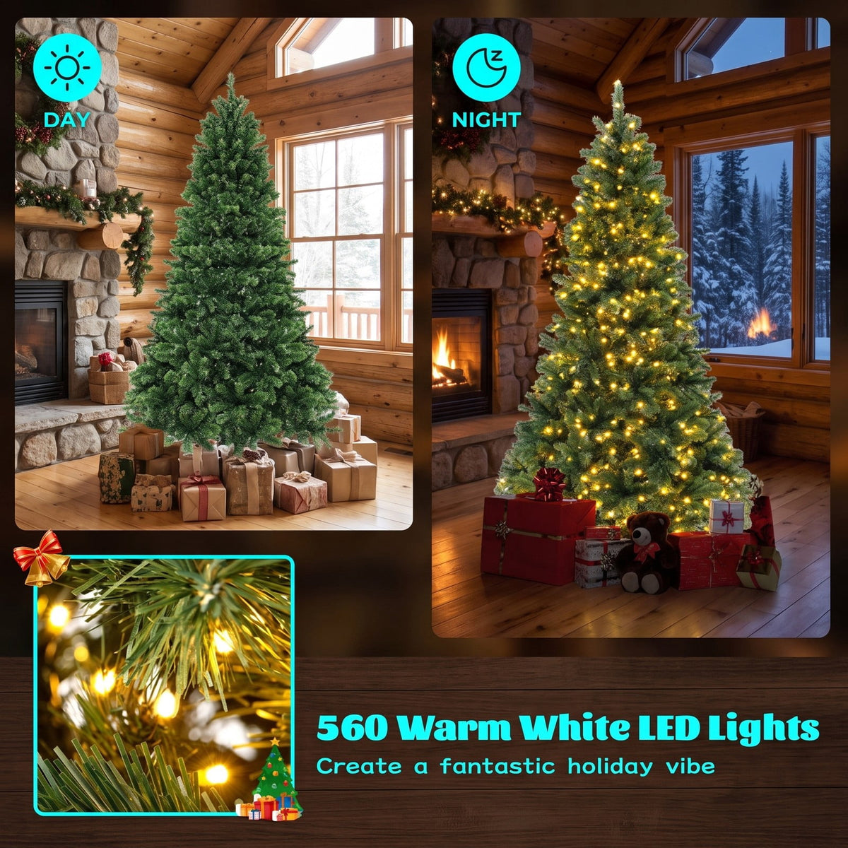 Airfind 6/7/8 Feet Hinged Christmas Tree with PVC Branch Tips Warm White LED Lights-6 ft, PVC Metal Frame, White