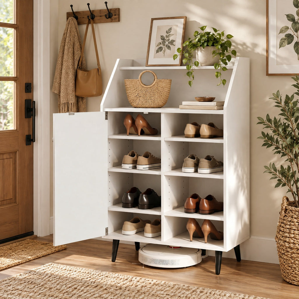 Airfind Shoe Storage Cabinet with 2-Tier Open Compartment and 4-Tier Adjustable Shelf, 44 lbs Capacity, Engineered Wood Frame, White