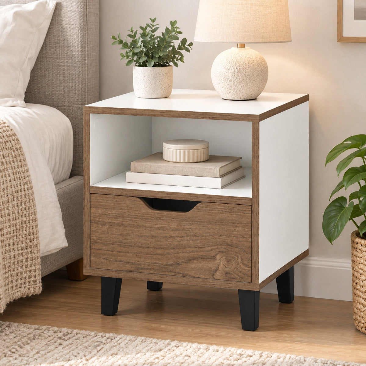 Airfind Nightstand with Drawer and Open Storage Shelf for Bedroom, 110 lbs Capacity, Engineered Wood MDF Metal Frame, 14.5in x 13in x 17.5in Footprint