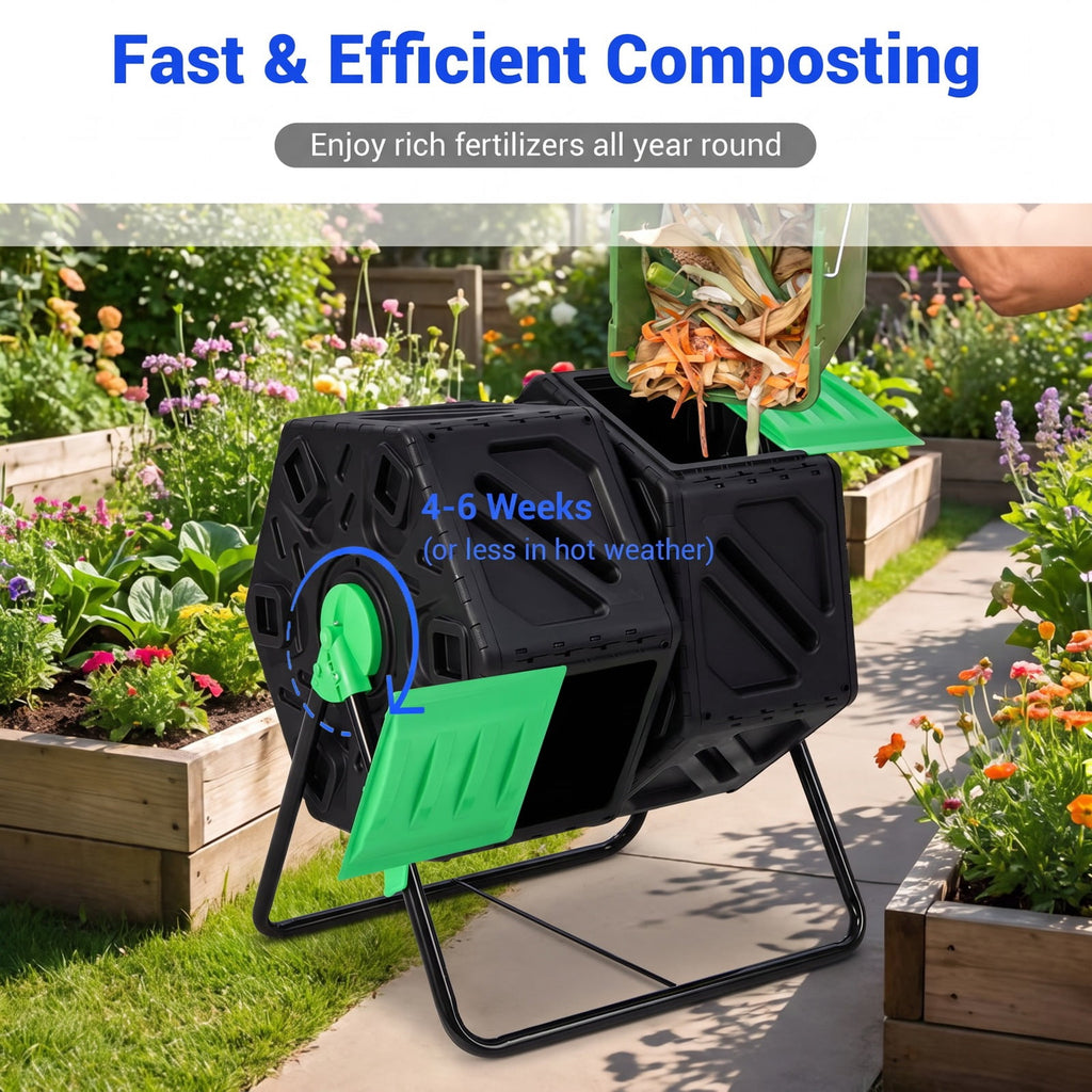 Airfind Dual Chamber Garden Compost Tumbler with Sliding Doors-Black Green, Black, Dimensions 25.5 x 23.5 x 29Size of 2