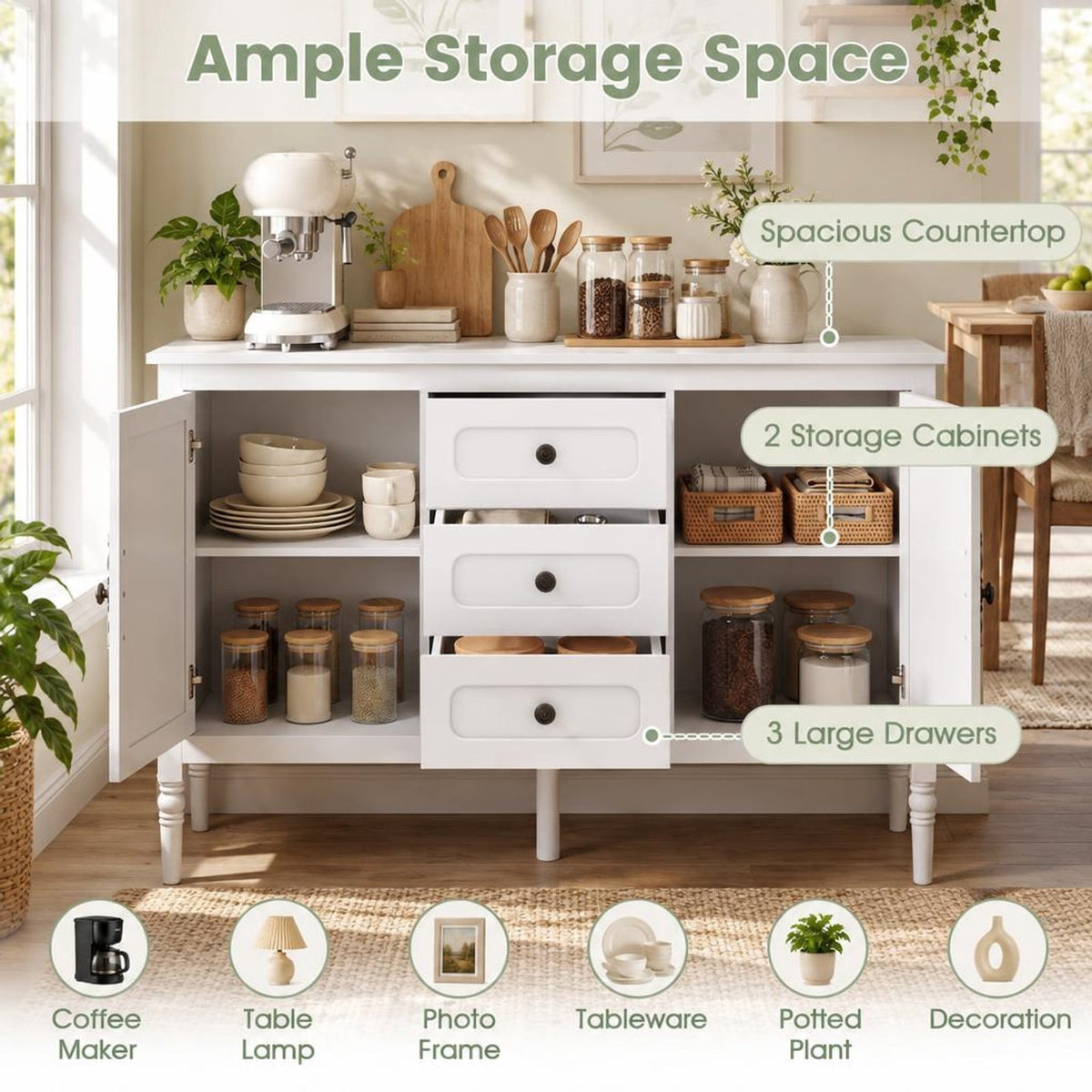 Airfind 47 Inch Vintage Buffet Cabinet with 3 Drawers 2 Cabinets and Adjustable Shelves for Dining Room, 110 Lbs Capacity, 47 Inch X 15.5 Inch X 31.5 Inch, White
