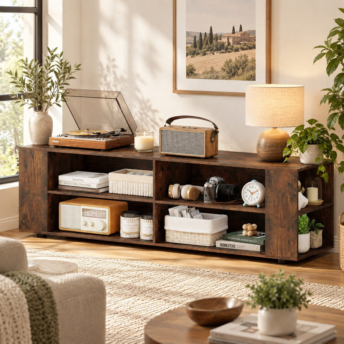 Airfind 59 Inch Console Storage Entertainment Media Wood TV Stand, 110 Lbs Capacity, Engineered Wood MDF Plastic, Walnut