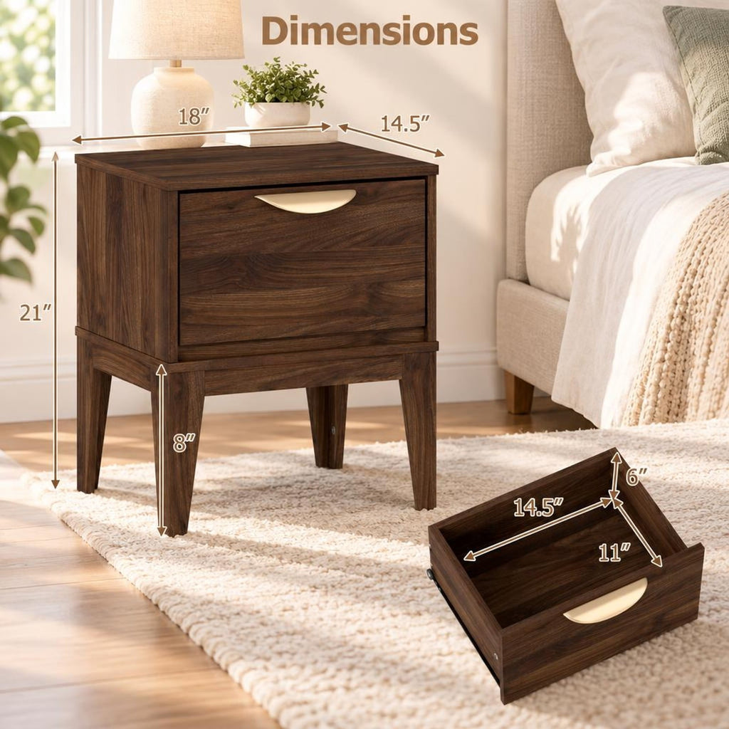 Airfind Mid Century Modern Bedside Table with Drawer and Tapered Support Feet for Bedroom, 45 lbs Capacity, Engineered Wood MDF Metal Frame, Walnut