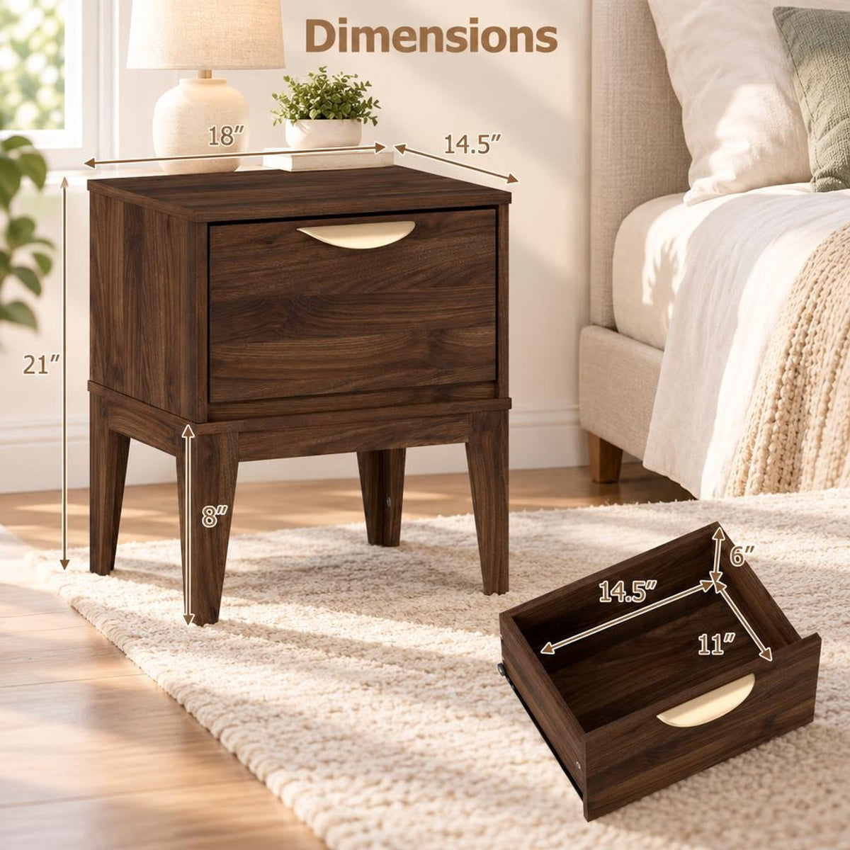 Airfind Mid Century Modern Bedside Table with Drawer and Tapered Support Feet for Bedroom, 45 lbs Capacity, Engineered Wood MDF Metal Frame, Walnut