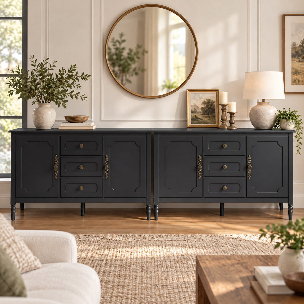 Airfind 47 Inch Vintage Buffet Cabinet with 3 Drawers 2 Cabinets and Adjustable Shelves for Dining Room, 110 Lbs Capacity, 47 Inch X 15.5 Inch X 31.5 Inch, Black