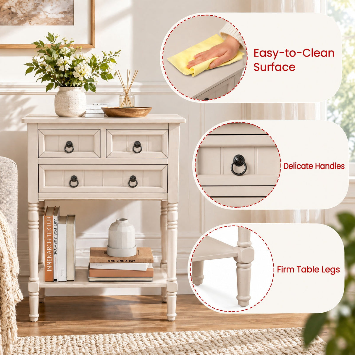 Airfind Narrow Console Table with 3 Storage Drawers and Open Bottom Shelf, 154 lbs Capacity, MDF Rubber wood Acacia Wood Frame, Beige
