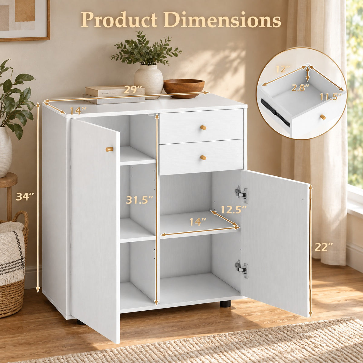 Airfind Kitchen Sideboard Buffet Cabinet Coffee Bar Cabinet with 2 Drawers 2 Doors and 3 Adjustable Shelves, 45 lbs Capacity, Engineered Wood Frame