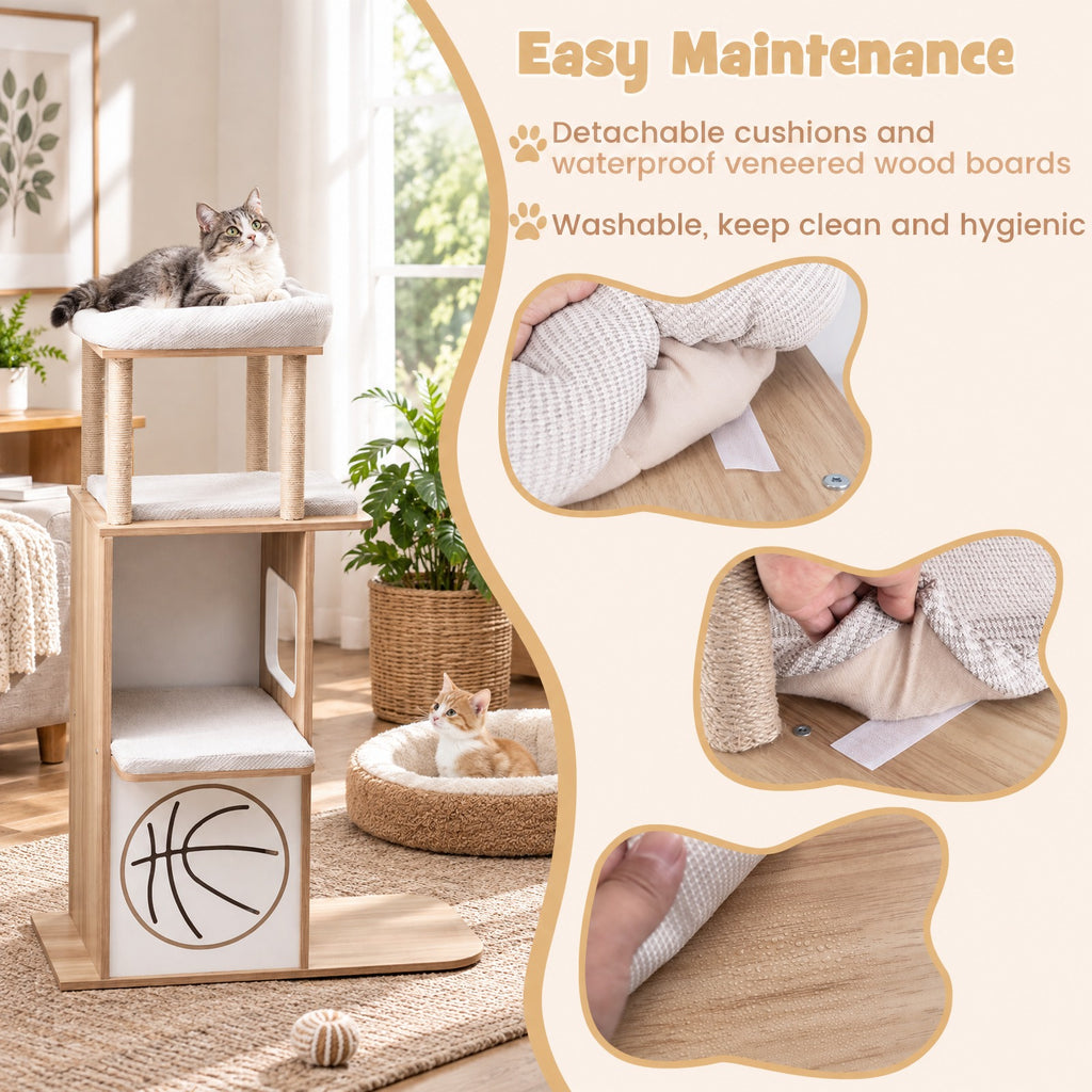 Airfind 47 Inches Wooden Cat Tree with 2-Story Cat Condo and Basketball Hoop Hammock, 31in x 15in x 47inTop Perch Footprint, Natural