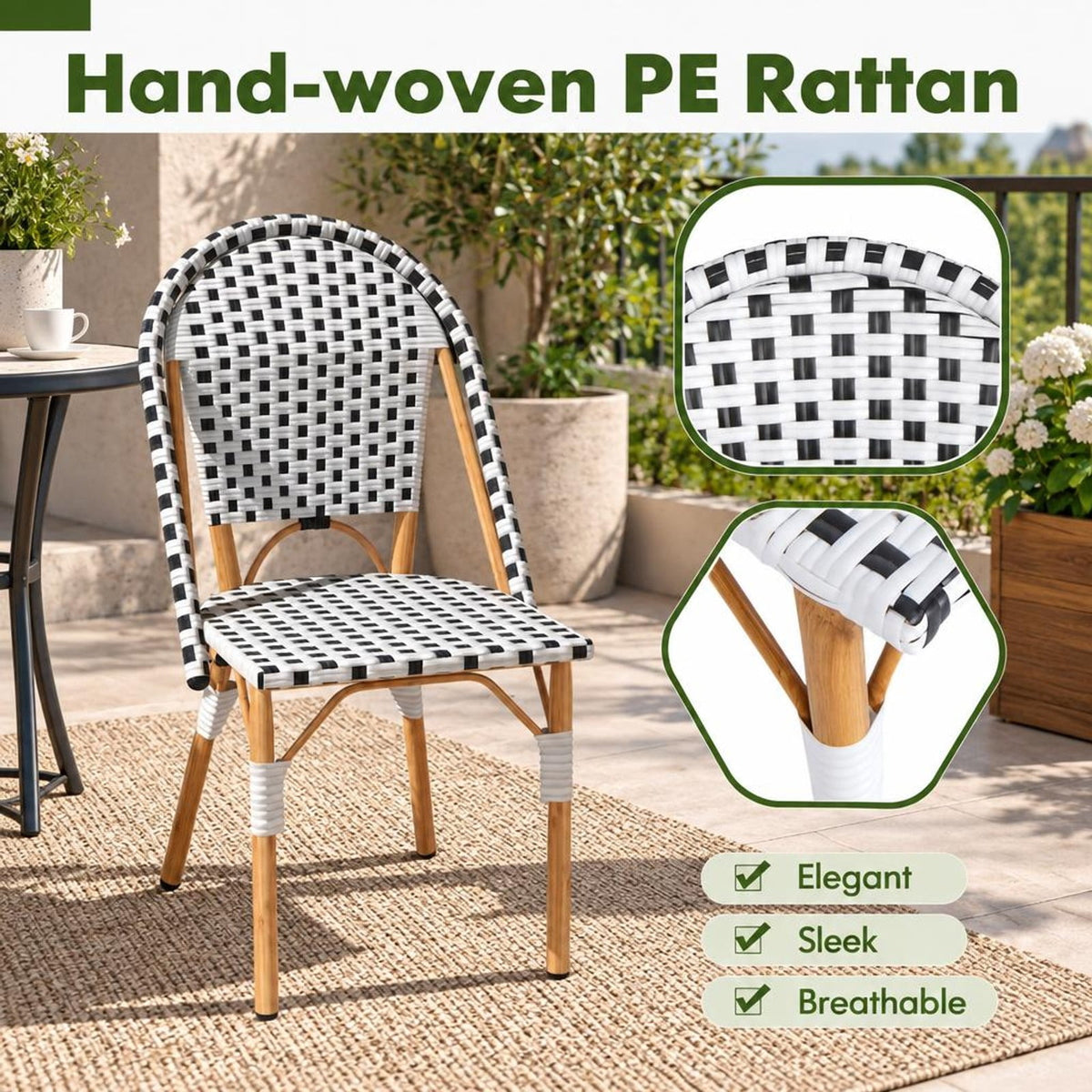 Airfind French Bistro Chair Set of 2 with Galvanized Metal Framex, 330 lbs Net Weight of 2 Chairs: 24.5 lbs Capacity, White