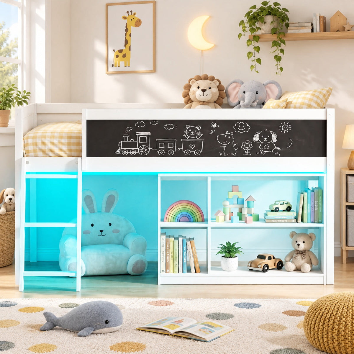 Airfind Twin Size Kids Loft Bed with LED Lights and Removable Bookcase, 350 lbs Capacity, Solid Wood Plywood Engineered Wood Frame, White