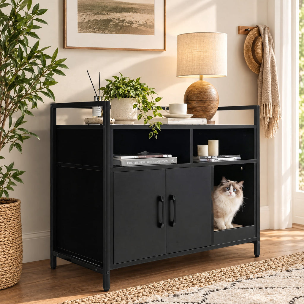 Airfind Hidden Cat Washroom with Double Doors and Scratch Cardboard, MDF Metal Frame, 35 x 17.5 x 29.5 Compartment Footprint, Coffee