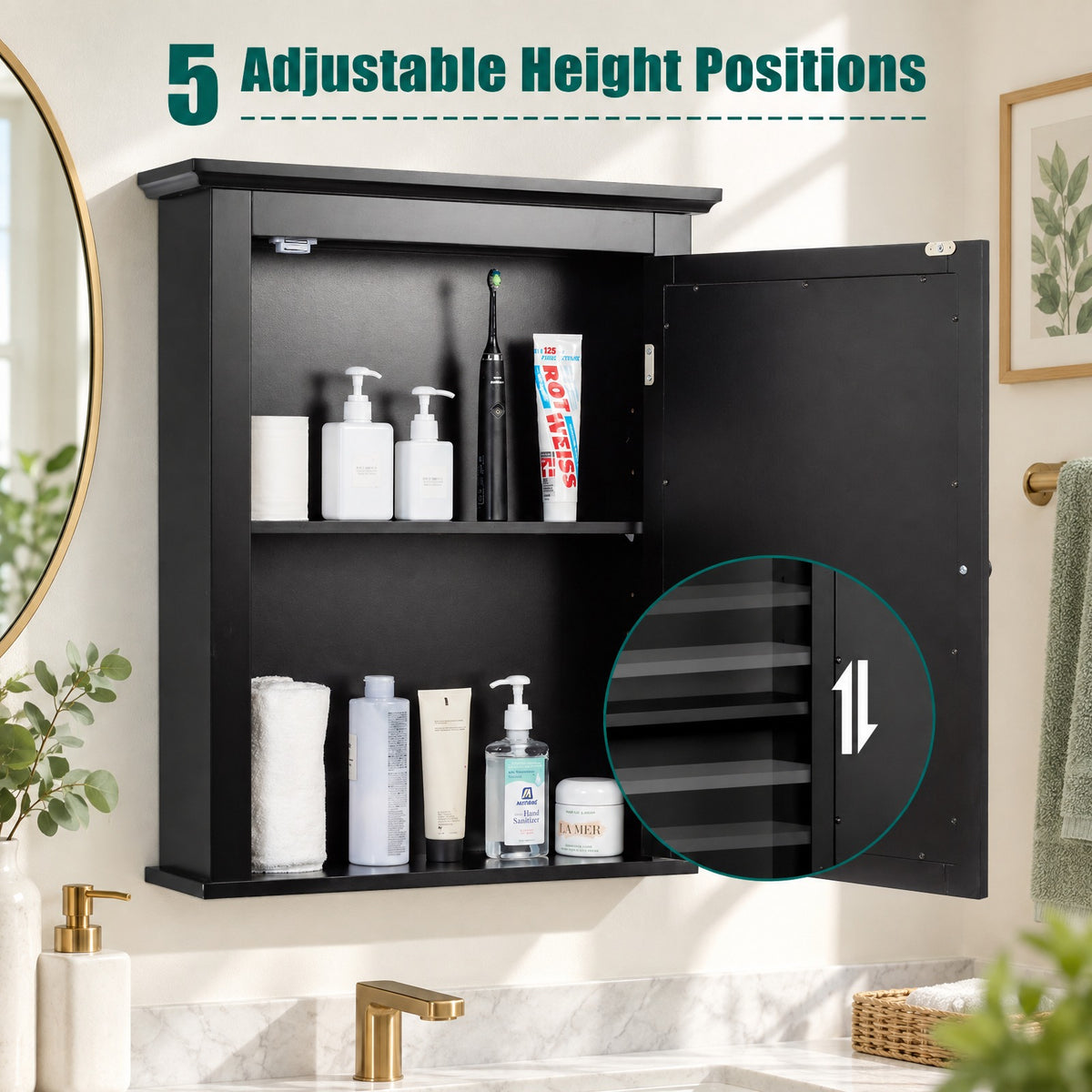 Airfind Wall Mounted Bathroom Mirror Cabinet with 5-level Height-adjustable Shelf, 11 lbs Capacity, MDF and glass Frame, 22 x 6 x 27.5 Footprint