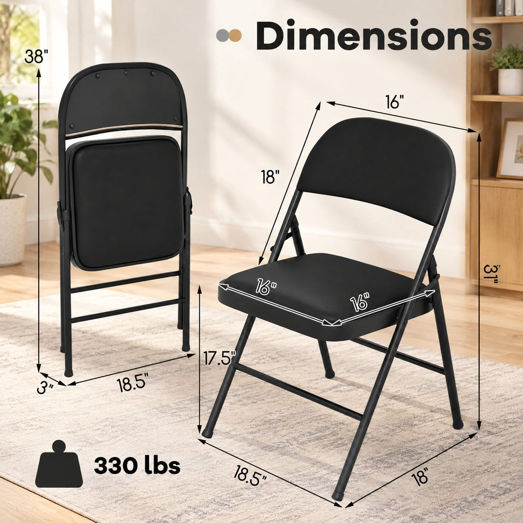 Airfind 4 Pack Folding Chairs with Metal Frame and PVC Leather for Indoor Outdoor, 330 lbs Capacity, Metal PVC Sponge MDF Frame, Black