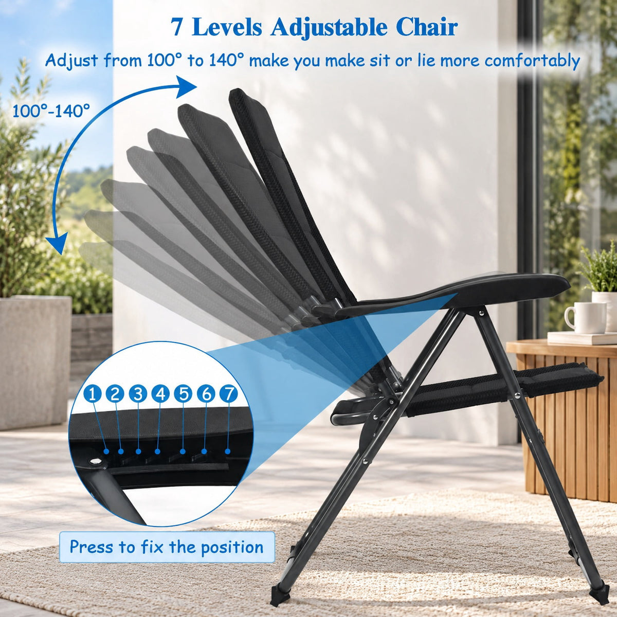 Airfind Set of 4 Patio Folding Chairs with Adjustable Backrest, 300 lbs Capacity, Steel oxford fabric sponge Frame, 28 x 23 x 40 Footprint, Black