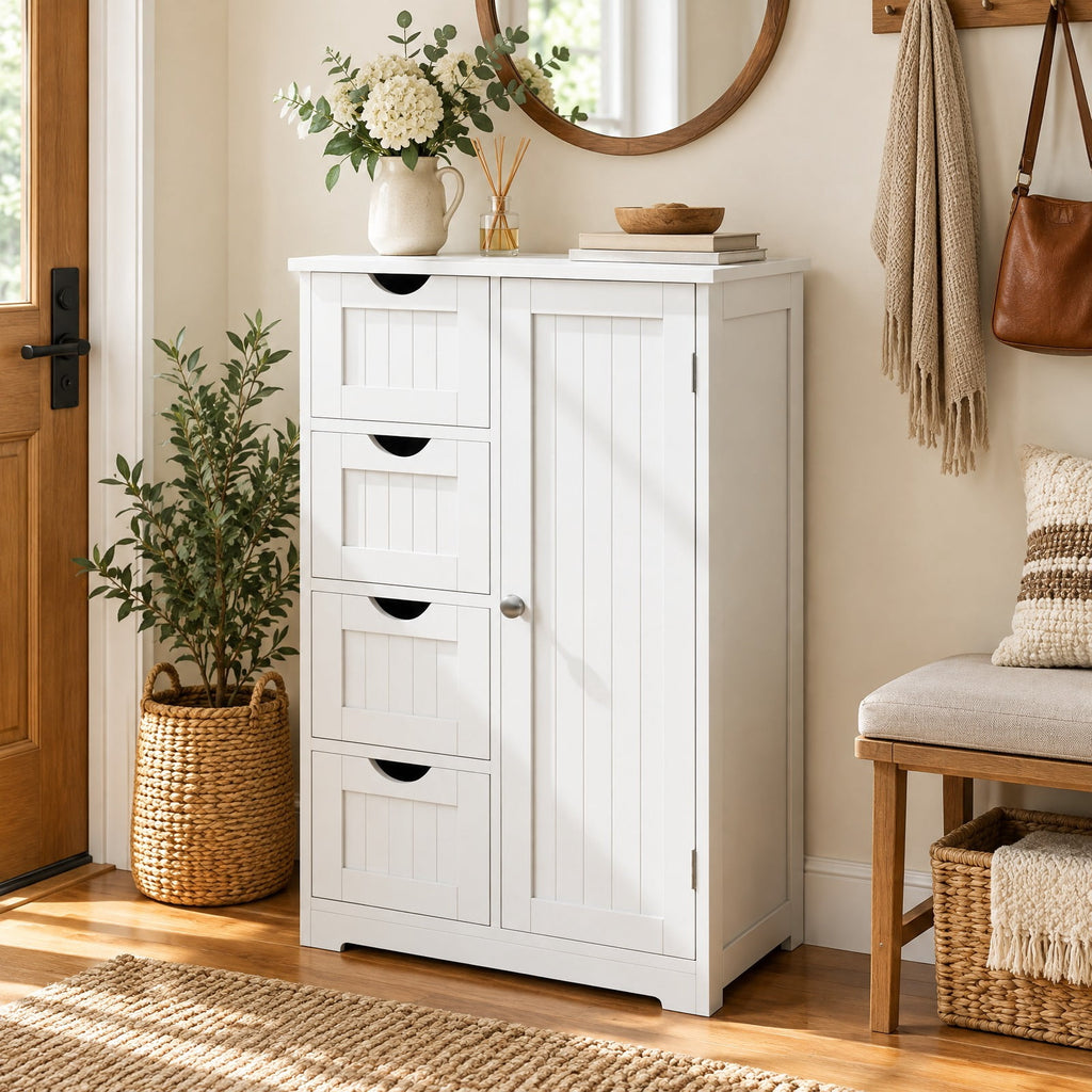Airfind Standing Indoor Wooden Cabinet with 4 Drawers, 143 lbs Capacity, MDF Engineered Wood Frame, 21.5 Inch x 12 Inch x 32.5 Inch Footprint, White
