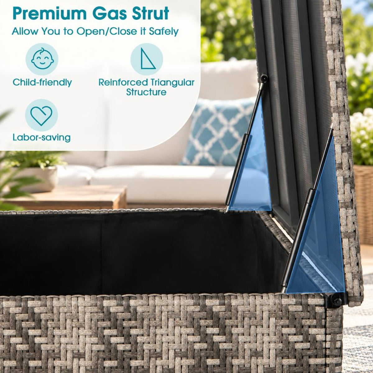 Airfind 96 Gallon PE Wicker Outdoor Storage Box with 4 Wheels, PE Rattan PP Board Metal Polyester Frame, 52 x 22 x 25 Footprint, Gray