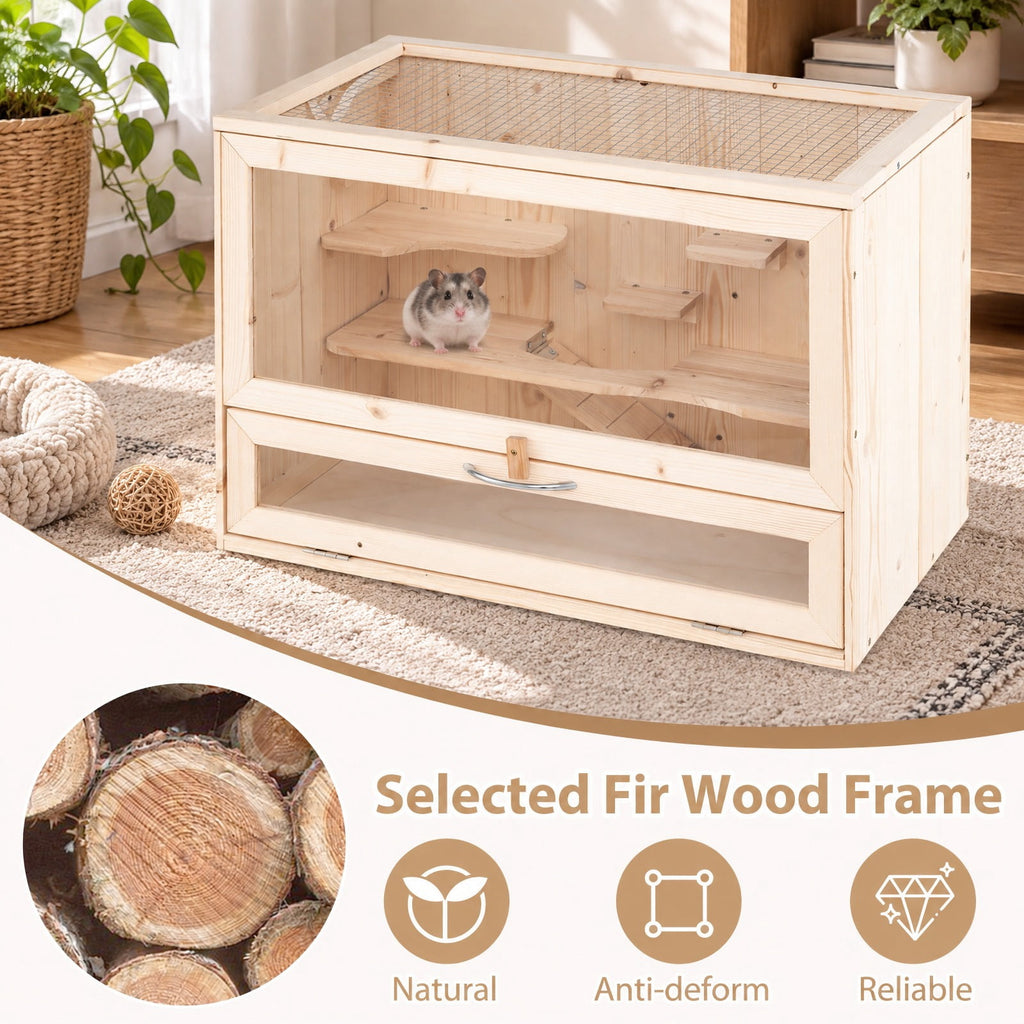 Airfind Wooden Hamster Cage with Mesh Flip Roof, Fir Wood Acrylic Frame, 23.5 x 14 x 16.5 Cage Inside Footprint, Natural