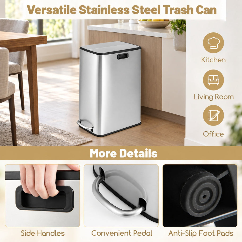 Airfind 12 Gal Stainless Steel Trash Can with Soft-Closing Wing Lids, Stainless Steel PP Frame, Silver