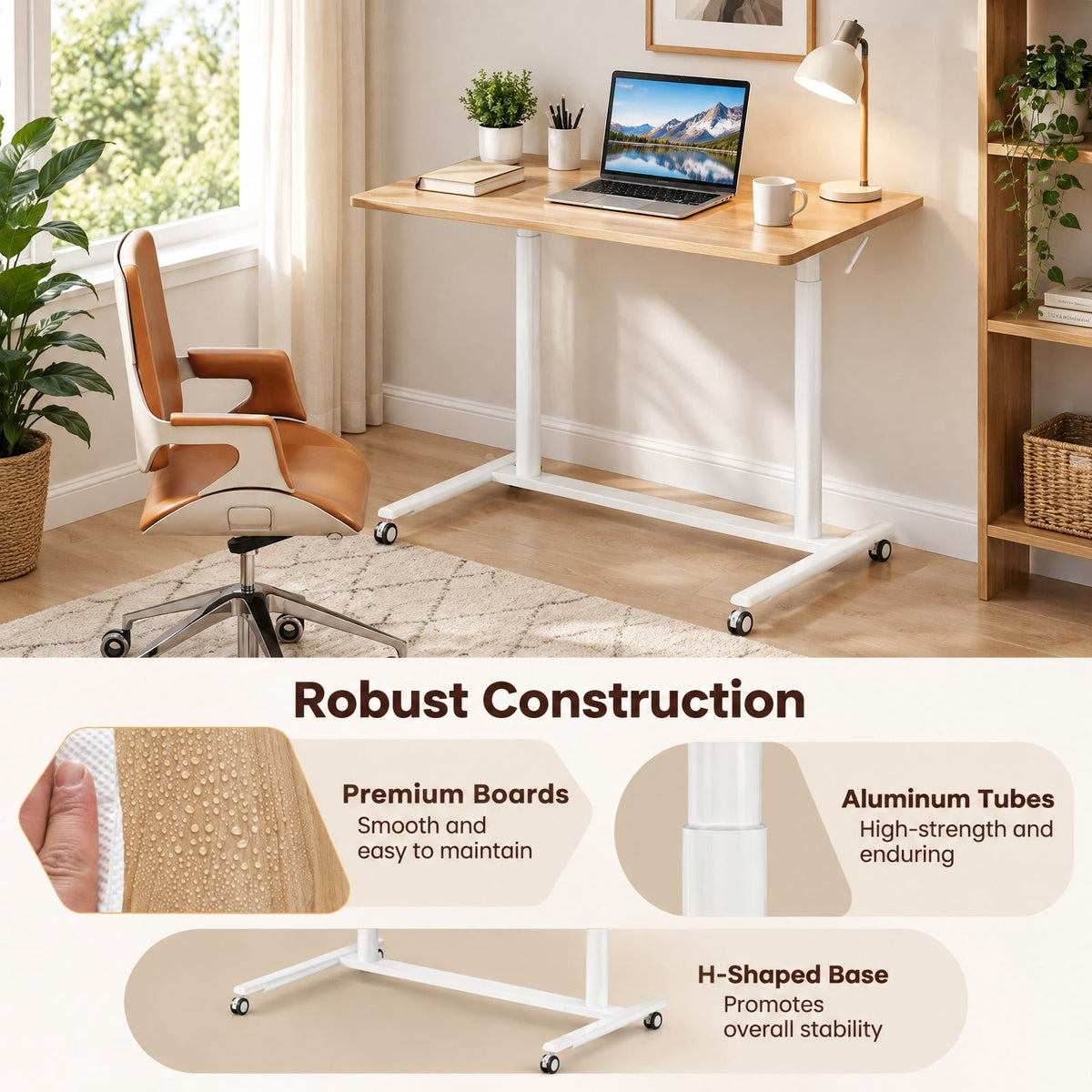 Airfind Height Adjustable Computer Desk Sit to Stand Rolling Notebook Table, MDF Frame, 37.5 x 21.5 x 27.5-42 Footprint, Natural