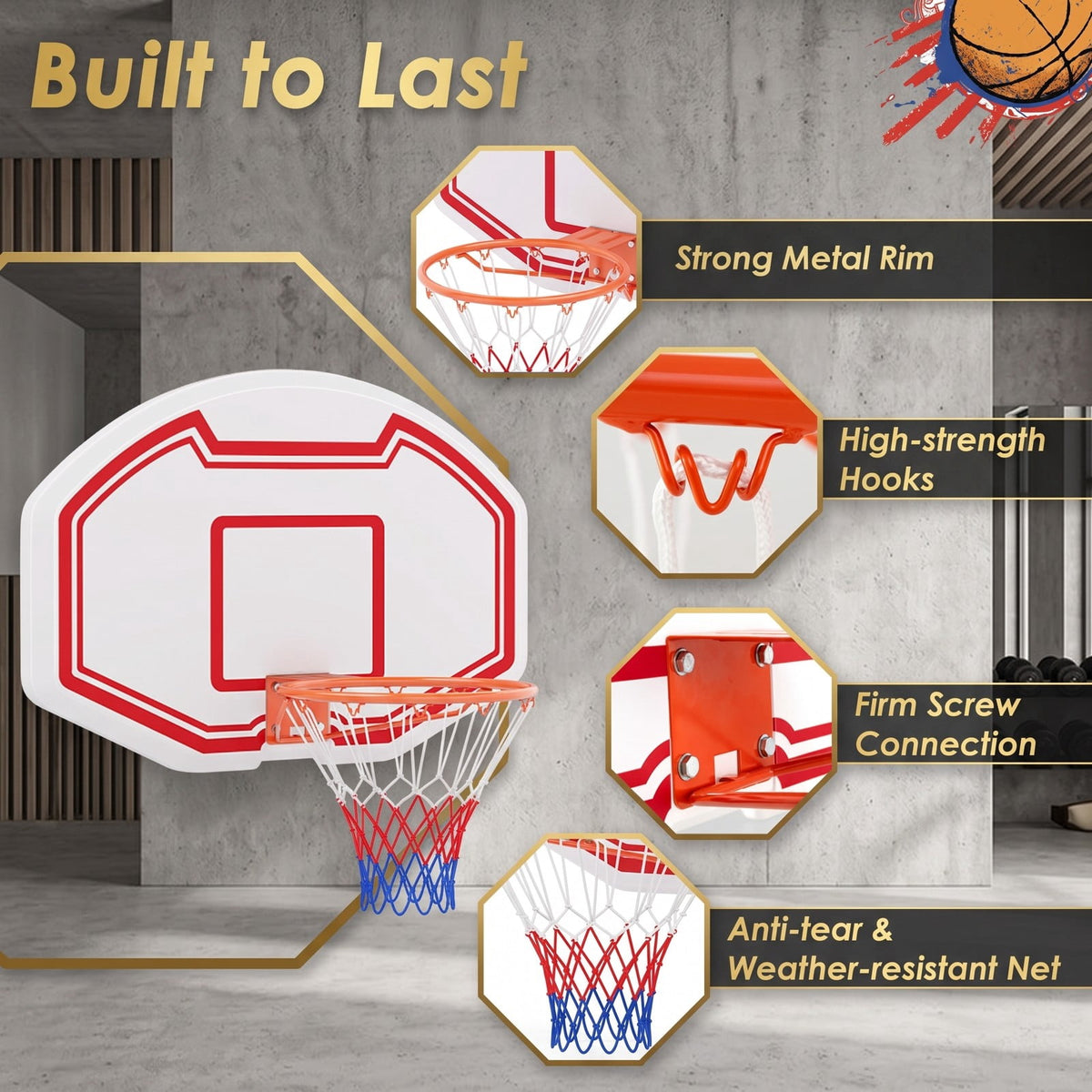 Airfind Large Wall Mounted Basketball Hoop with Shatter-proof PE Backboard, Metal Rim Anti-Tear Net for Kids and Adults Indoor Outdoor Play, White and Red