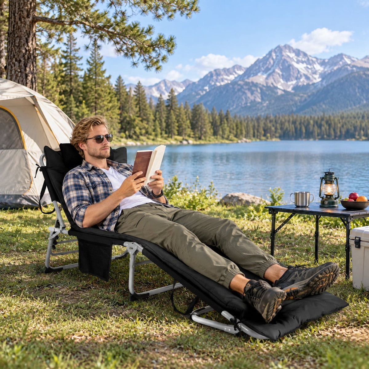 Airfind 4-Fold Oversize Padded Folding Lounge Chair with Removable Soft Mattress, 330lbs Capacity, Steel fabric sponge Frame, Black