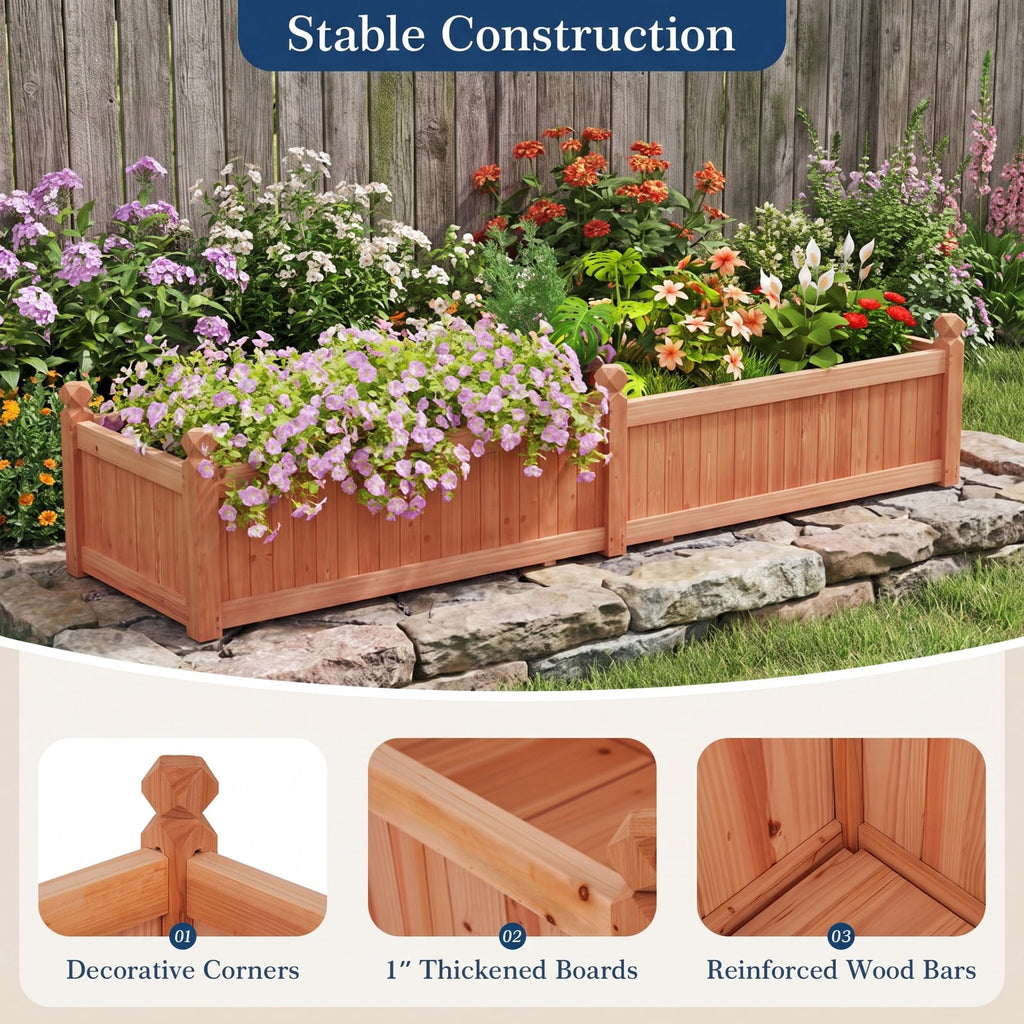 Airfind 91 x 24 x 16 Inch Divisible Planter Box with Corner Drainage and Non-woven Liner for Growing Vegetables, Fir Wood Frame, Brown