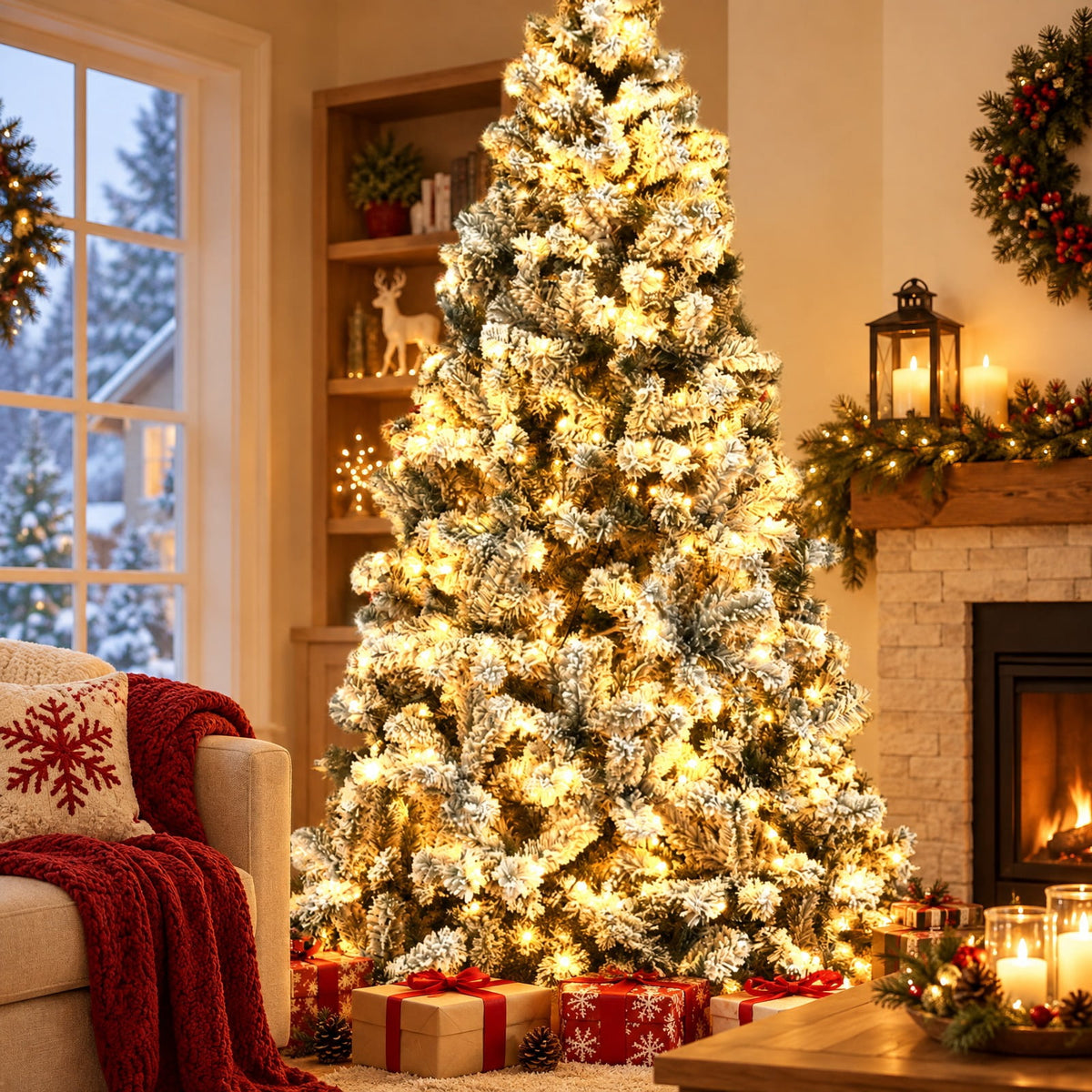 Airfind Pre-Lit Premium Snow Flocked Hinged Artificial Christmas Tree-7.5 ft, White and Green, True-to-life appearance with wintry flocking