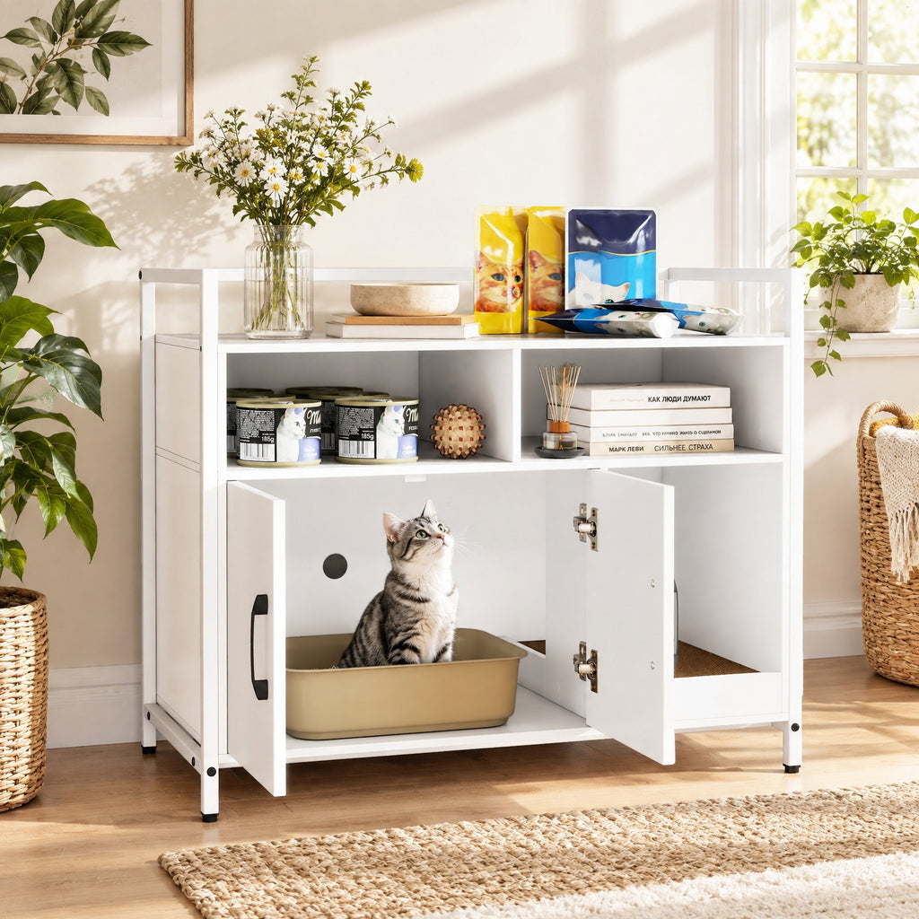 Airfind Hidden Cat Washroom with Double Doors and Scratch Cardboard, MDF Metal Frame, 35 x 17.5 x 29.5 Compartment Footprint, White