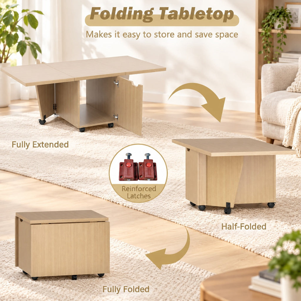 Airfind Foldable Coffee Table with Storage Cabinet Extendable Center Table, 155 lbs Capacity, Engineered Wood Frame, 48in x 24in x 18in Footprint, Oak