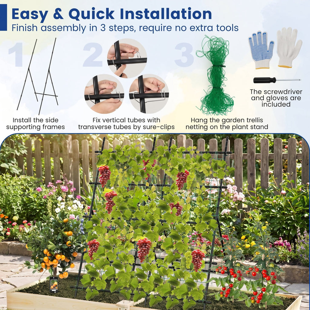 Airfind 74 Inch Tall Garden Trellis for Flower Vine Vegetable Fruit Pea, PE-Coated Metal PP Frame, 31.5 x 36.5 x 75 Footprint, Black