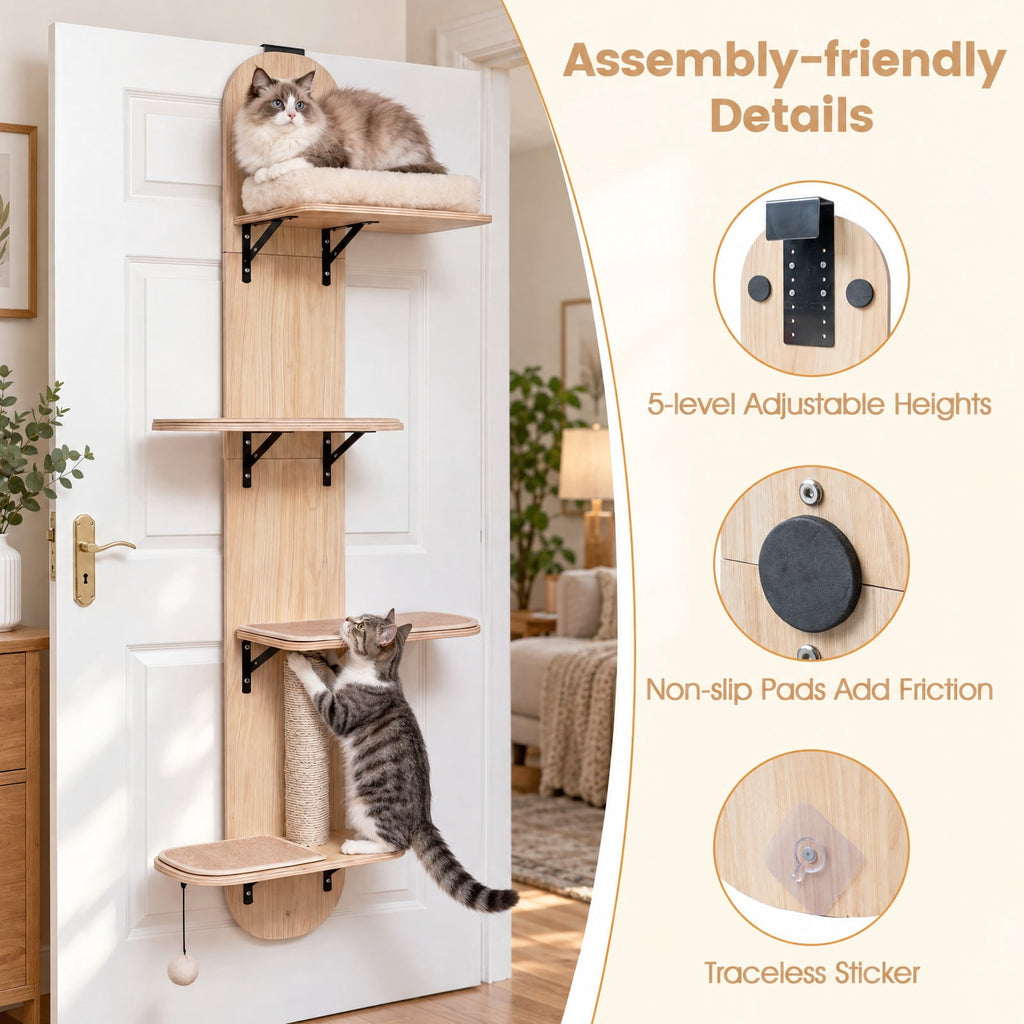 Airfind Door Hanging Cat Climber 4-level Height Adjustable with Plush Bed, 11 lbs Capacity, Solid Plywood Jute Rope Plush Fabric Frame, Beige