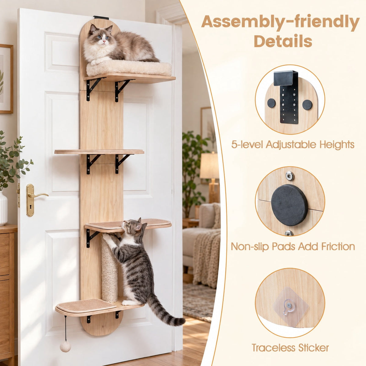 Airfind Door Hanging Cat Climber 4-level Height Adjustable with Plush Bed, 11 lbs Capacity, Solid Plywood Jute Rope Plush Fabric Frame, Beige