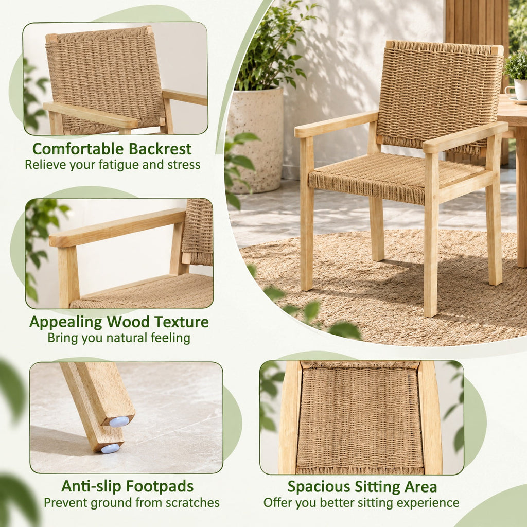 AIRFIND Dining Chairs Set of 2 with Woven Paper Rope Seats, Rubberwood Frames, Armrests and Foot Pads, 18.5 in Seat Height, Natural