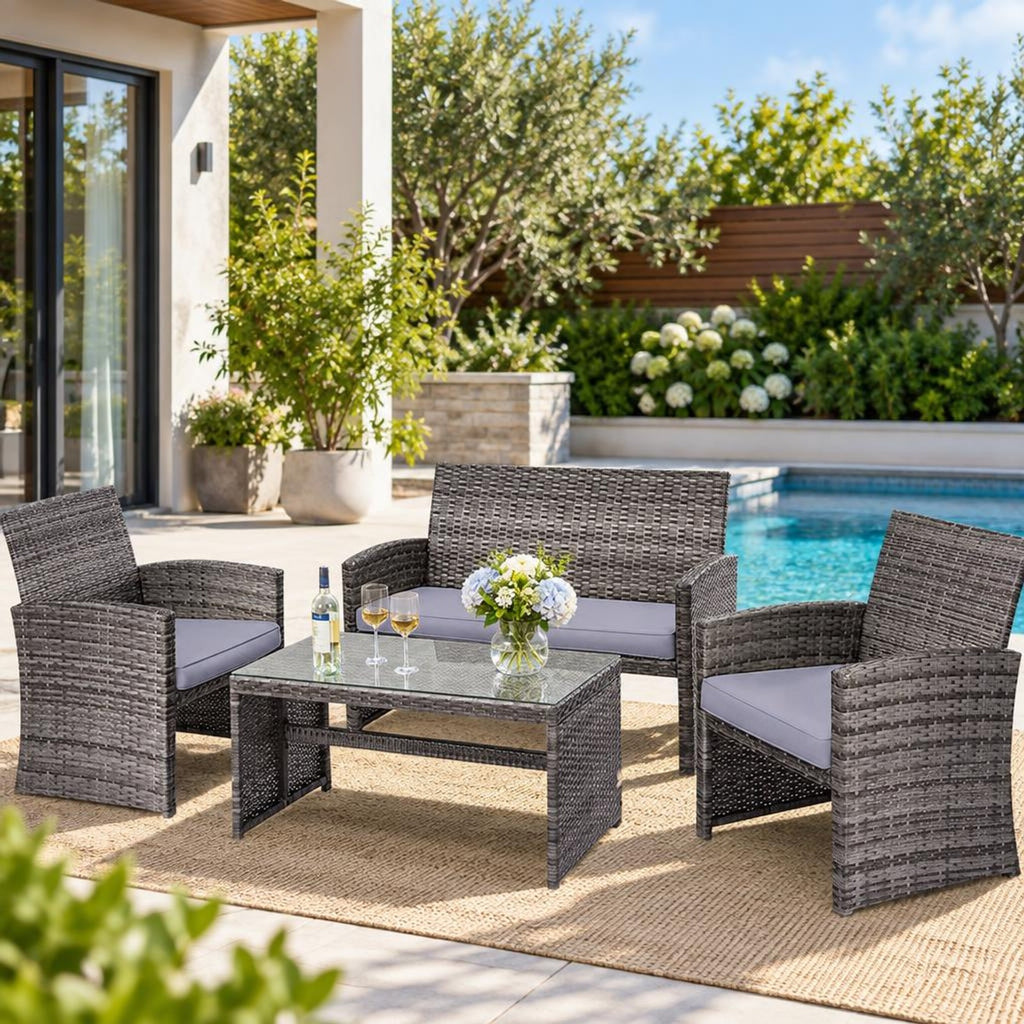 Airfind 4 Pieces Patio Rattan Furniture Set with Glass Table and Loveseat, PE Rattan Polyester Fiber Steel Sponge Single Sofa Frame, Gray
