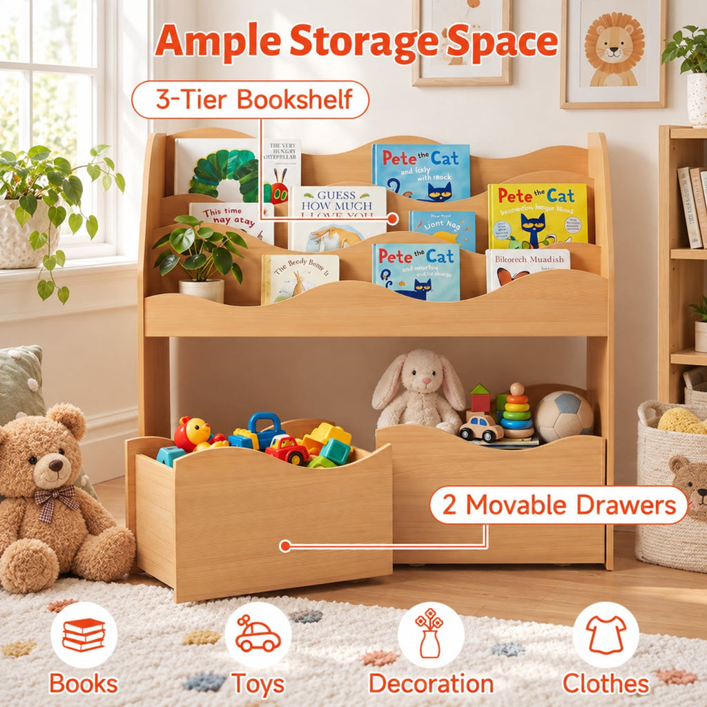 Airfind Kids Toy Wooden Storage Organizer with 2 Rolling Drawers for Kids Room, 11 lbs Capacity, Engineered Wood Frame, Natural