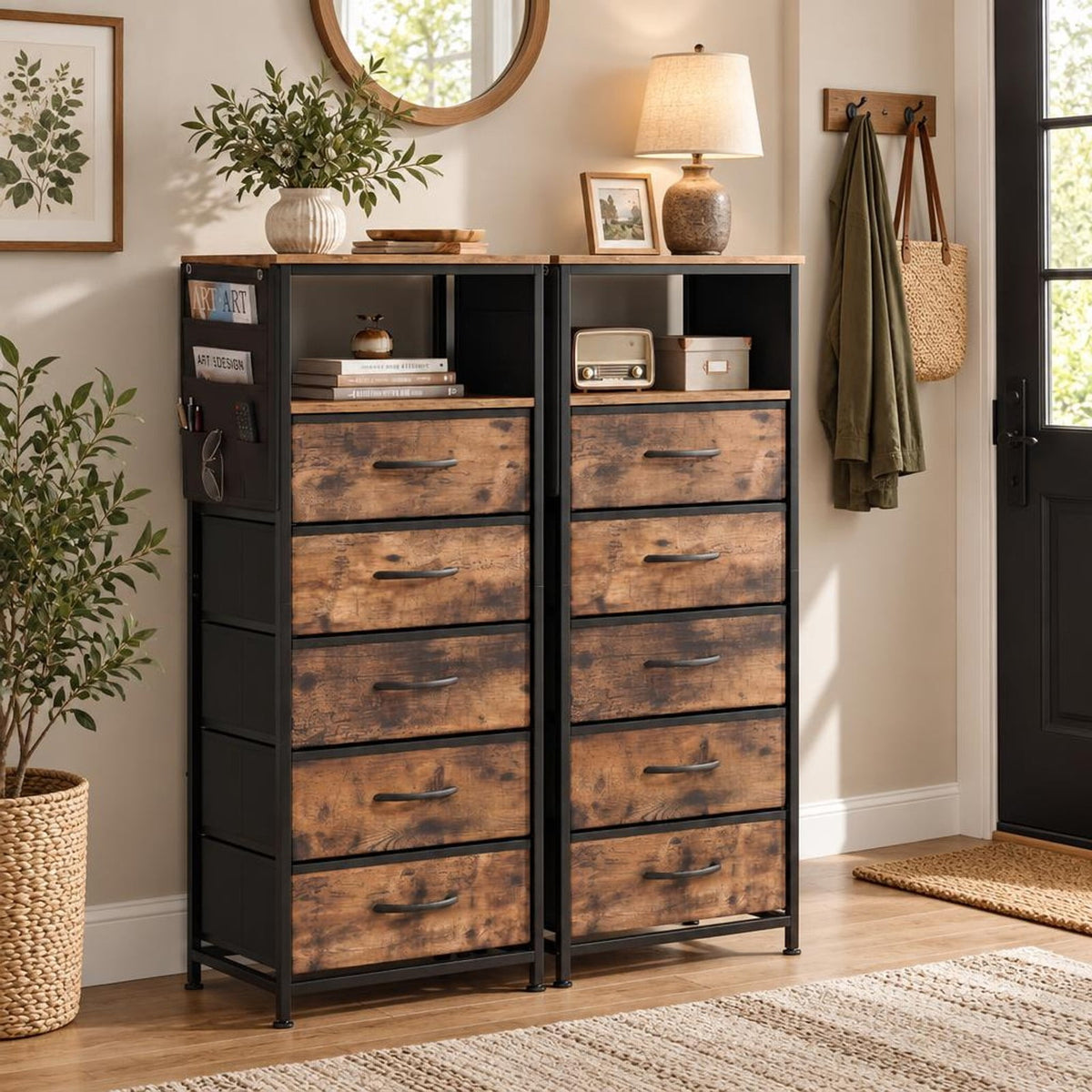 Airfind Nightstand with Integrated Charging Station 39 Inches Modern Bedside Table, 56 kg/123.5 ls Capacity, Metal MDF Non-Woven Fabric Frame, Brown