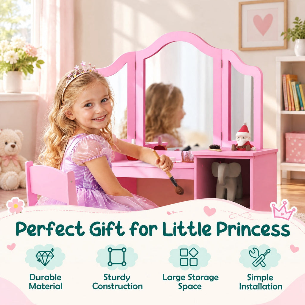 Airfind Kids Vanity Table and Chair Set with Removable Tri-Folding Mirror, 220 lbs Capacity, MDF Acrylic Frame, for 3+ Years Old, Pink