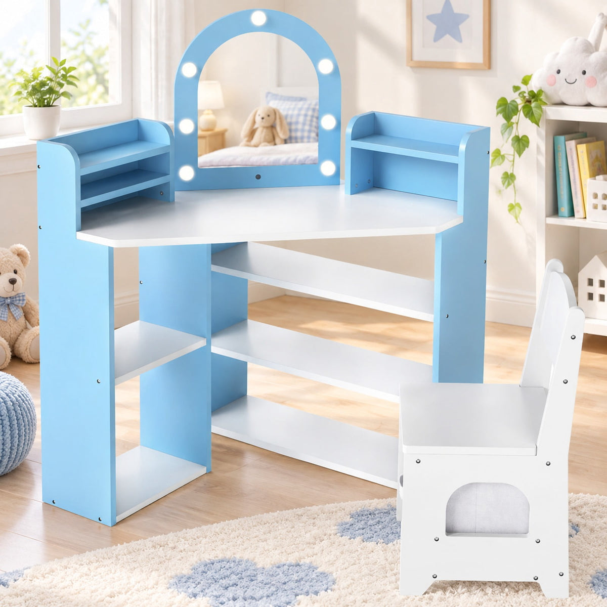 Airfind 2-In-1 Kids Vanity Set with Lights for Toddlers 3+ Years Old, 45 lbs Capacity, MDF Non-woven Fabric Frame, 37 x 24 x 39.5 Footprint