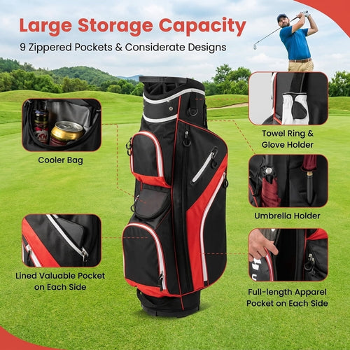 Airfind 14-Way Cart Bag with Rain Hood, Towel Ring and 9 Zippered Pockets, Red