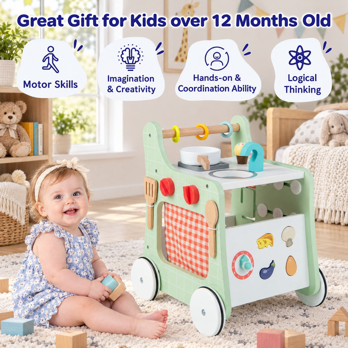 Airfind 6-in-1 Wooden Baby Stroller with Play Kitchen for Kids Over 12 Months, MDF Beech Wood Plastic Frame, 12 x 13.5 x 16.5 Footprint, Green